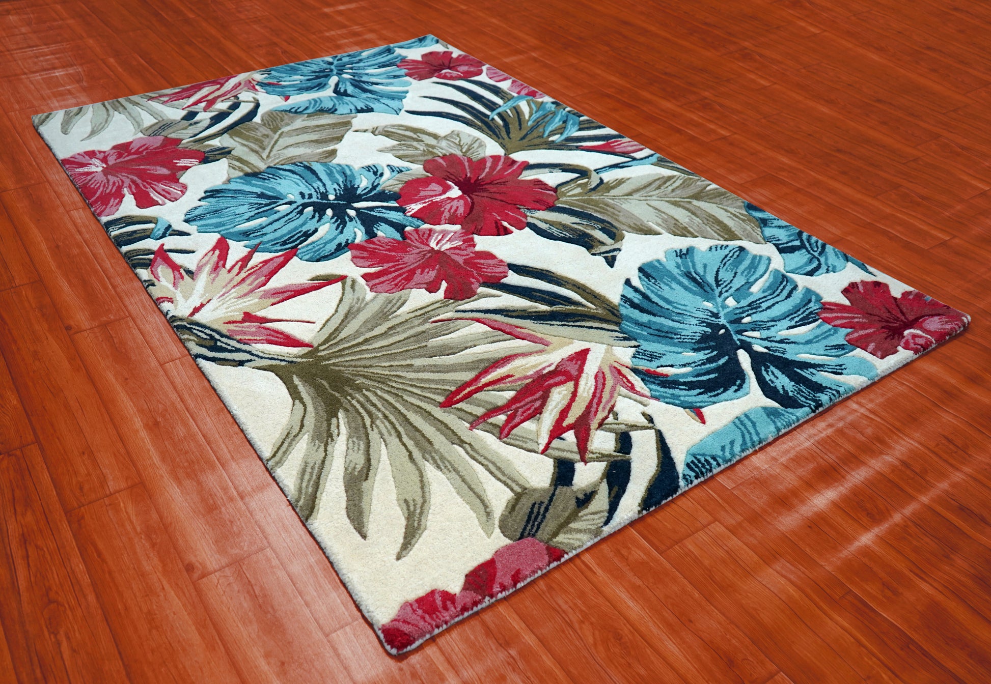 Bold Tropical Hibiscus Hand Tufted Wool Area Rug - Red Blue Beige Cut Pile Botanical Custom Sizes