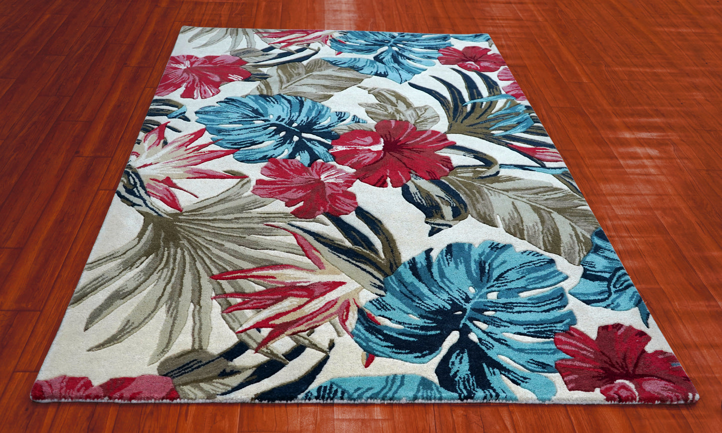 Bold Tropical Hibiscus Hand Tufted Wool Area Rug - Red Blue Beige Cut Pile Botanical Custom Sizes
