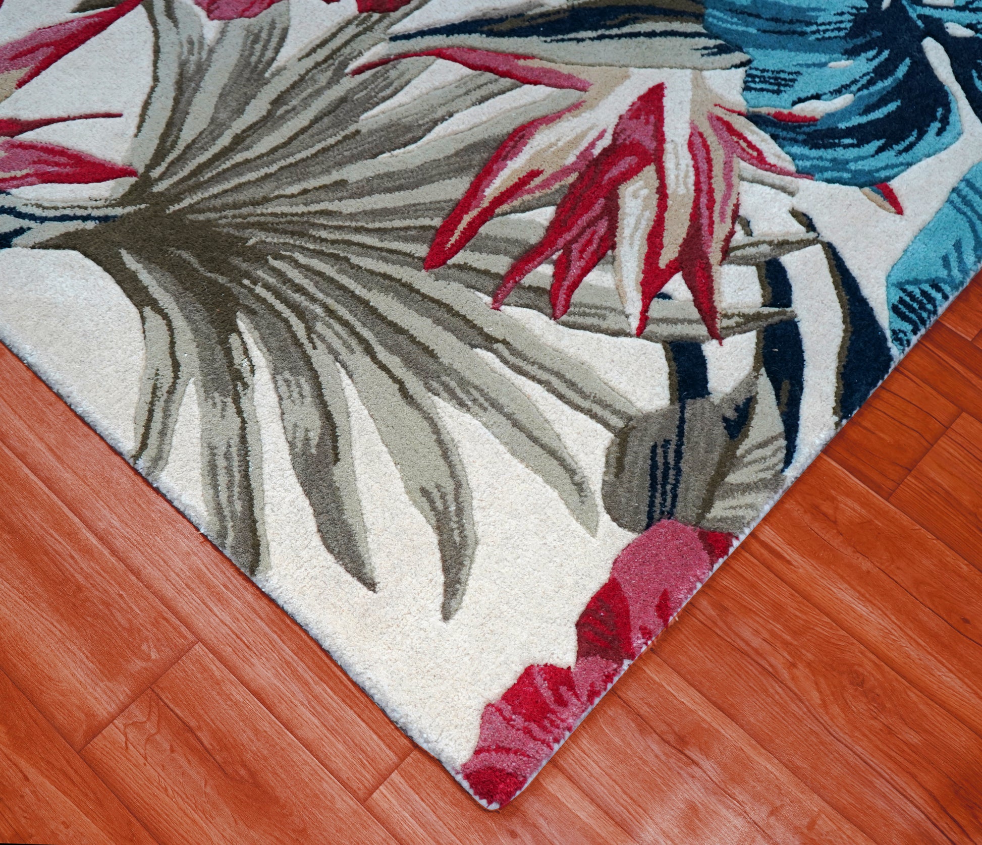 Bold Tropical Hibiscus Hand Tufted Wool Area Rug - Red Blue Beige Cut Pile Botanical Custom Sizes