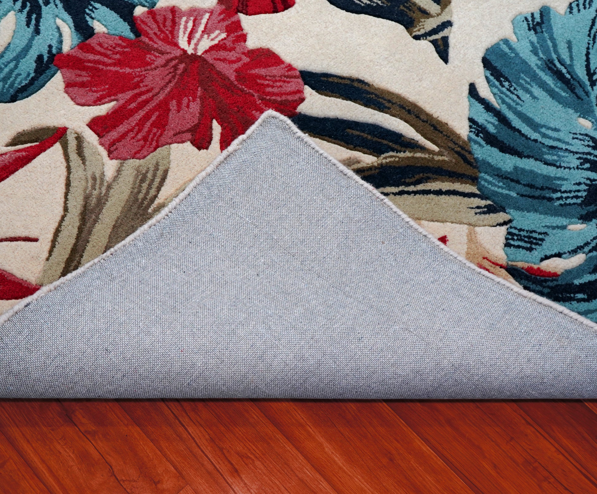 Bold Tropical Hibiscus Hand Tufted Wool Area Rug - Red Blue Beige Cut Pile Botanical Custom Sizes
