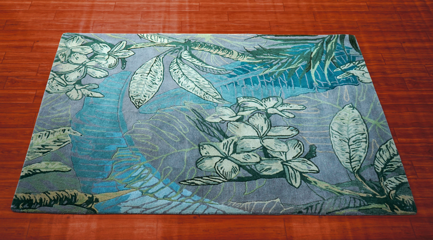 Teal Blue Grey Tropical Floral Hand Tufted Wool Area Rug - Cut Pile Botanical Custom Sizes