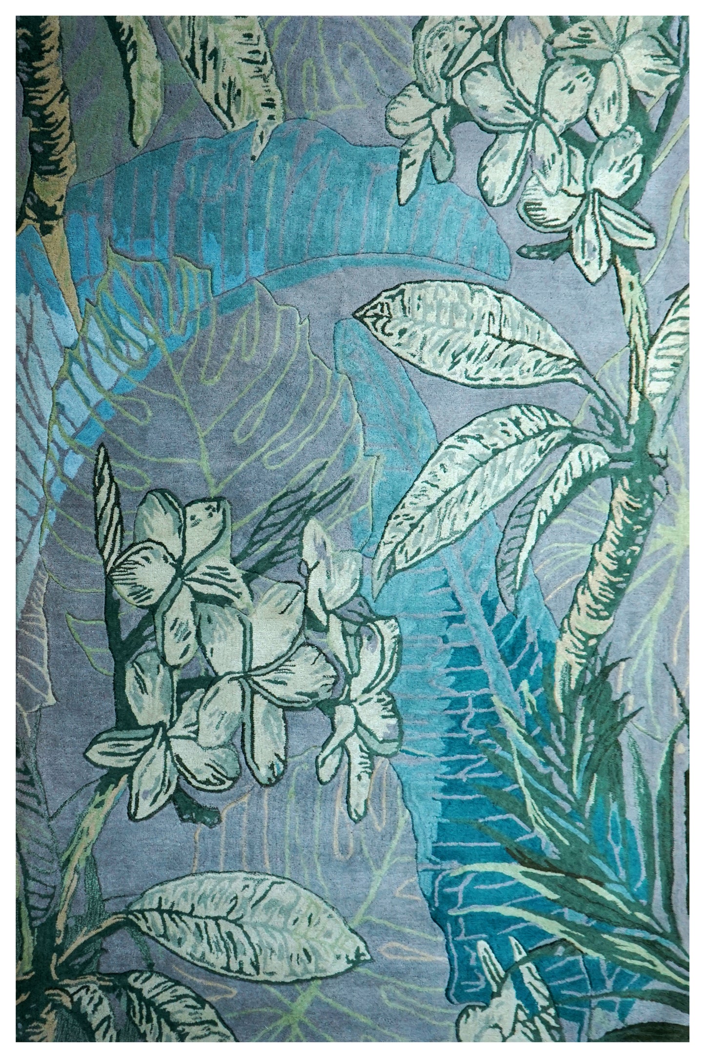 Teal Blue Grey Tropical Floral Hand Tufted Wool Area Rug - Cut Pile Botanical Custom Sizes