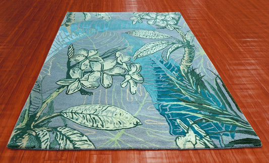 Teal Blue Grey Tropical Floral Hand Tufted Wool Area Rug - Cut Pile Botanical Custom Sizes