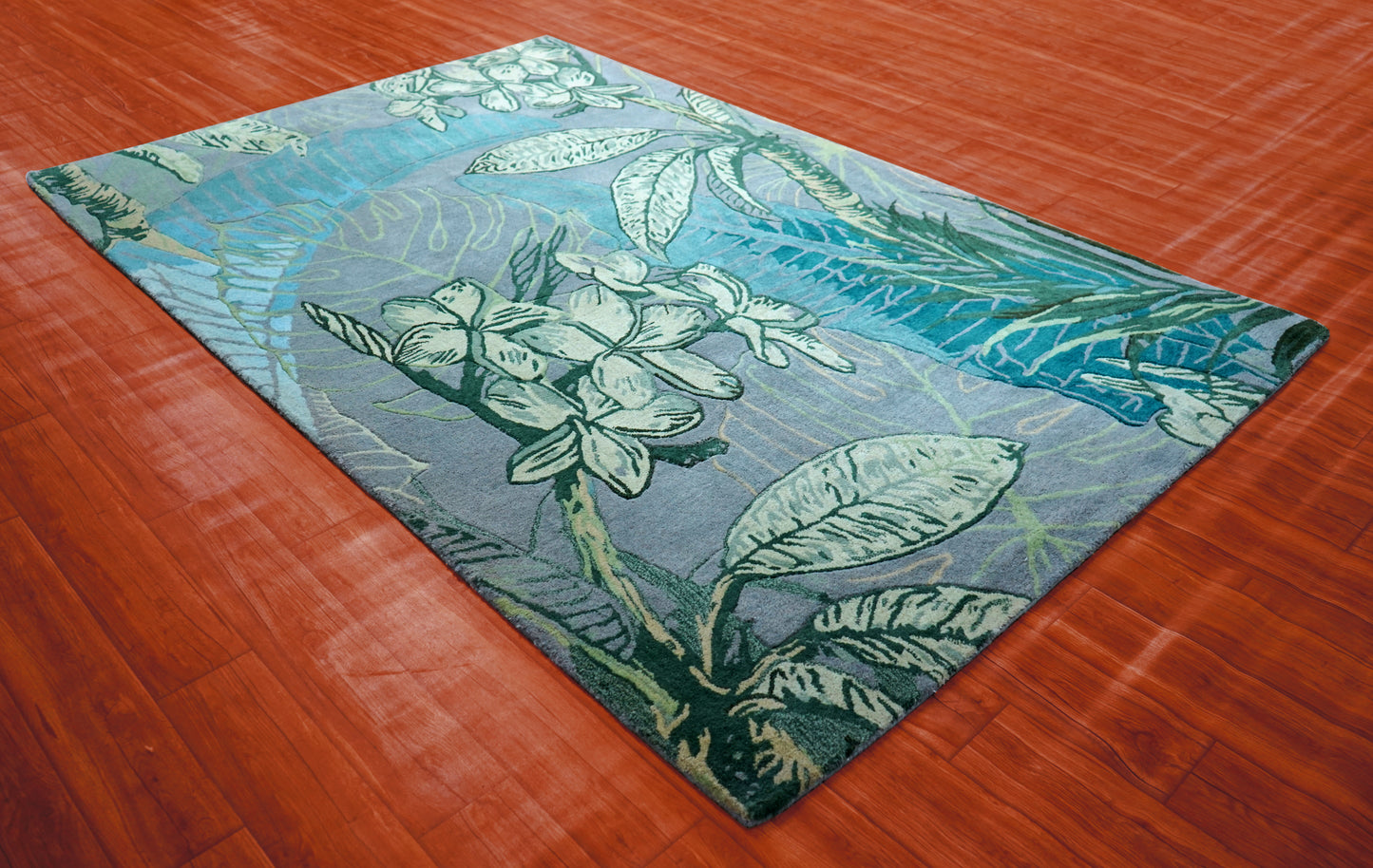 Teal Blue Grey Tropical Floral Hand Tufted Wool Area Rug - Cut Pile Botanical Custom Sizes