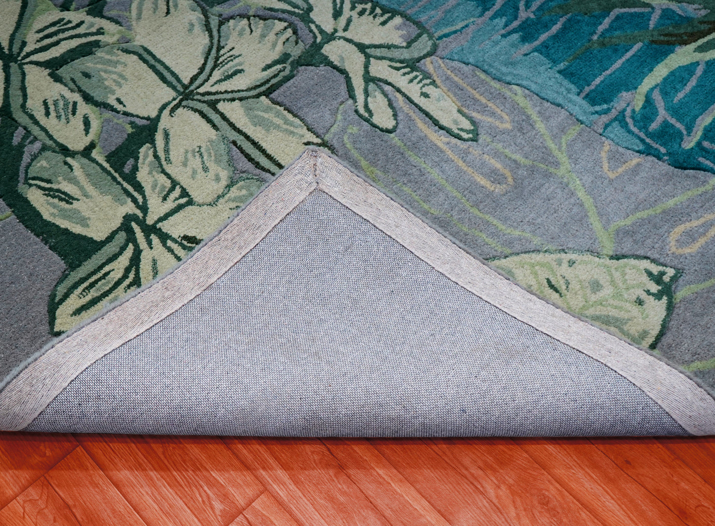 Teal Blue Grey Tropical Floral Hand Tufted Wool Area Rug - Cut Pile Botanical Custom Sizes