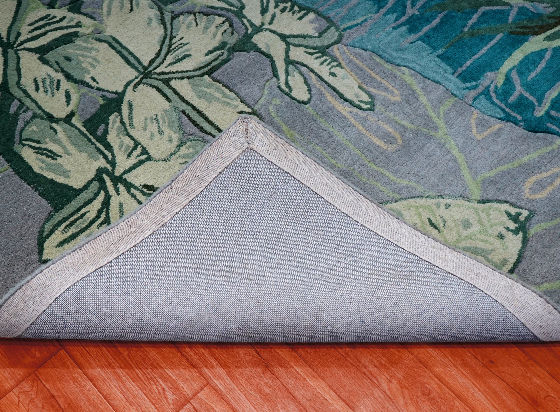 Teal Blue Grey Tropical Floral Hand Tufted Wool Area Rug - Cut Pile Botanical Custom Sizes