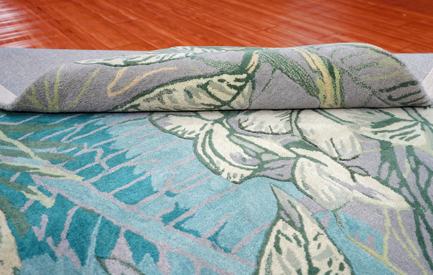Teal Blue Grey Tropical Floral Hand Tufted Wool Area Rug - Cut Pile Botanical Custom Sizes