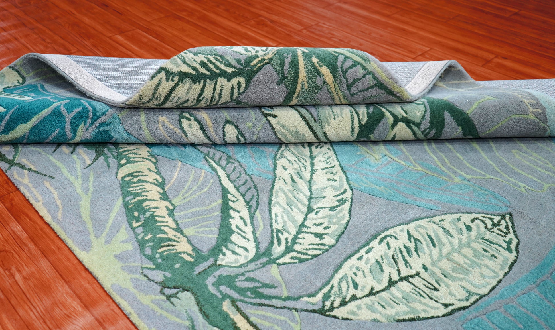 Teal Blue Grey Tropical Floral Hand Tufted Wool Area Rug - Cut Pile Botanical Custom Sizes