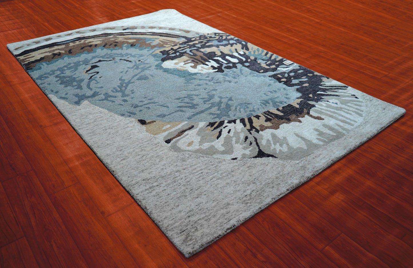 Blue Grey Beige Abstract Feather Hand Tufted Wool Area Rug - Cut Pile Artistic Custom Sizes