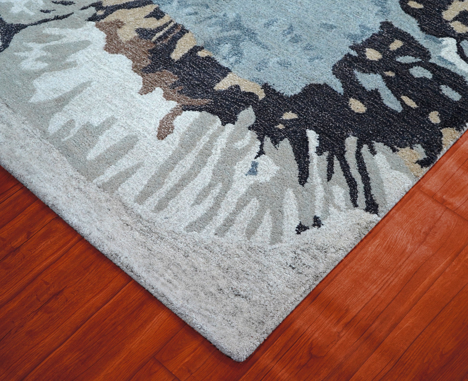 Blue Grey Beige Abstract Feather Hand Tufted Wool Area Rug - Cut Pile Artistic Custom Sizes