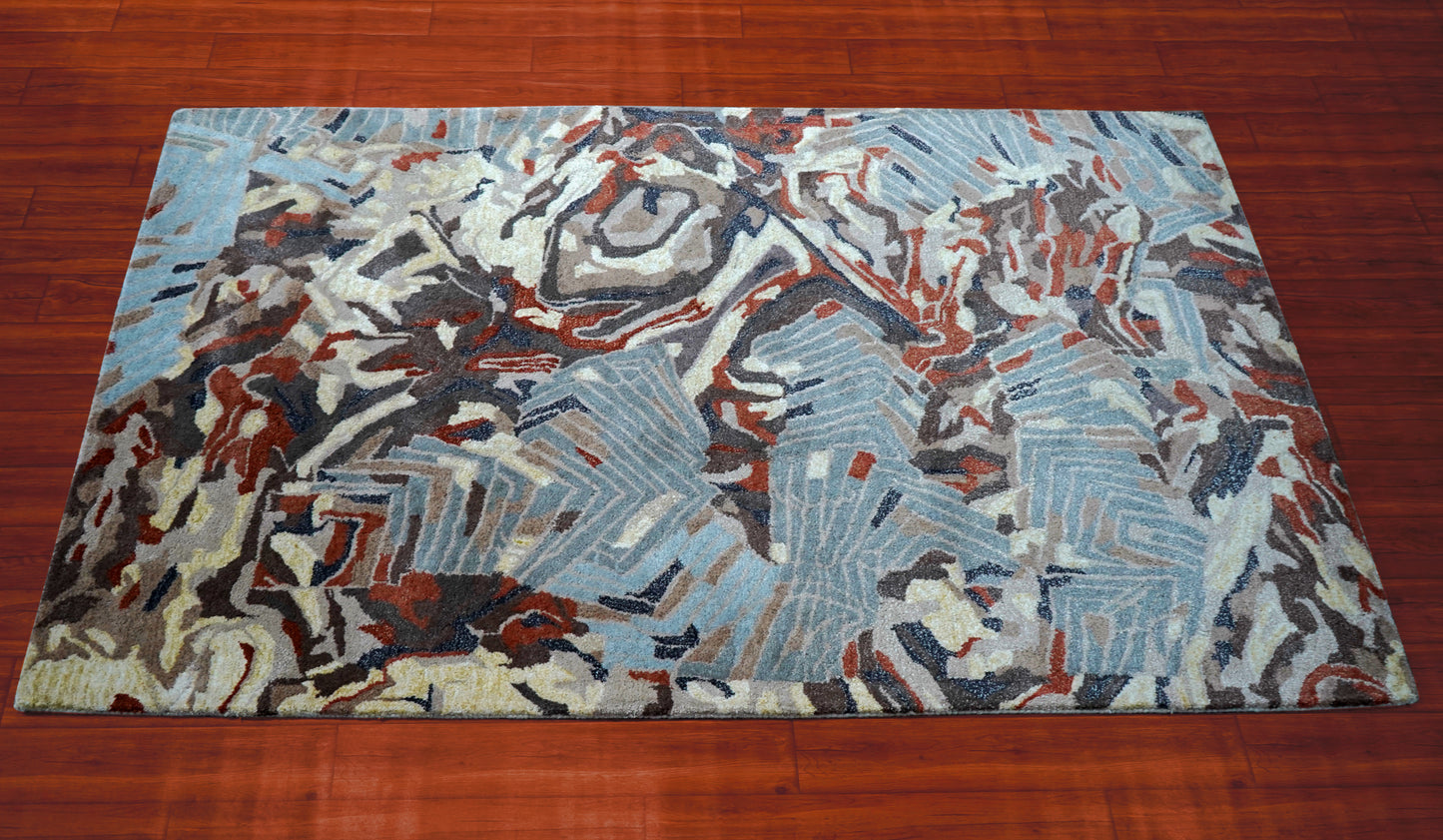 Blue Grey Red Abstract Floral Hand Tufted Wool Area Rug - Cut Pile Contemporary Custom Sizes