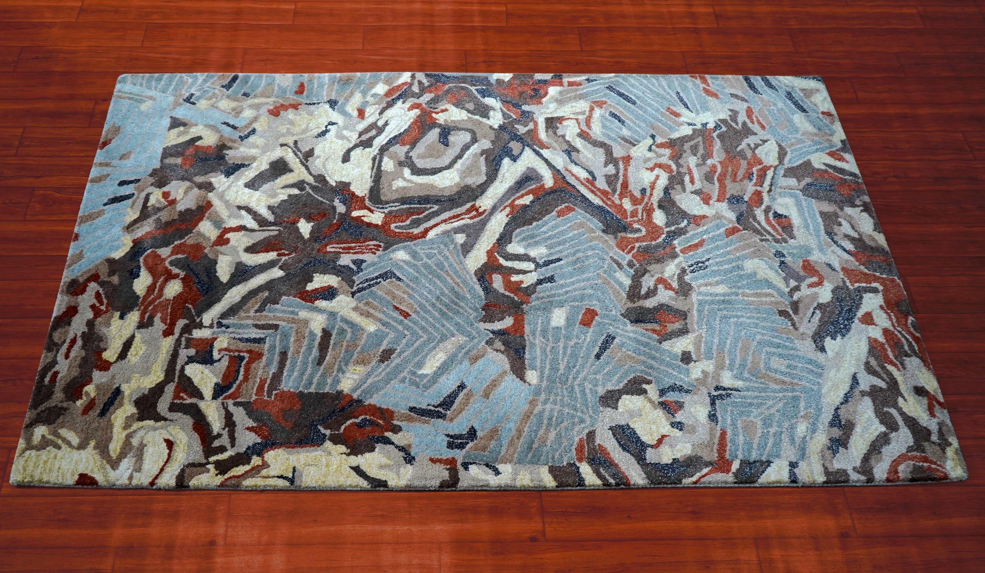 Blue Grey Red Abstract Floral Hand Tufted Wool Area Rug - Cut Pile Contemporary Custom Sizes