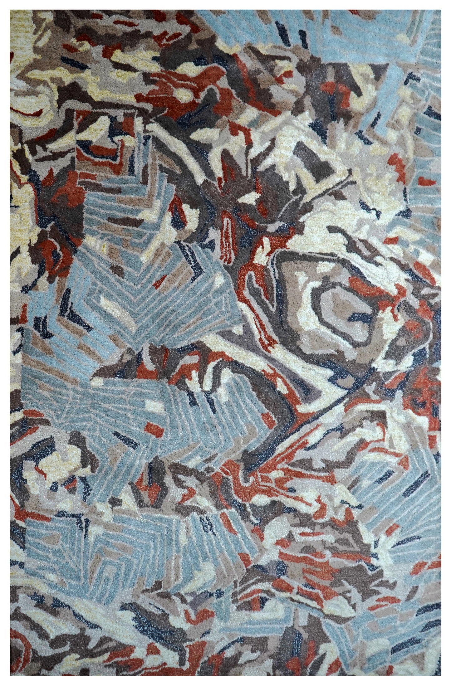 Blue Grey Red Abstract Floral Hand Tufted Wool Area Rug - Cut Pile Contemporary Custom Sizes