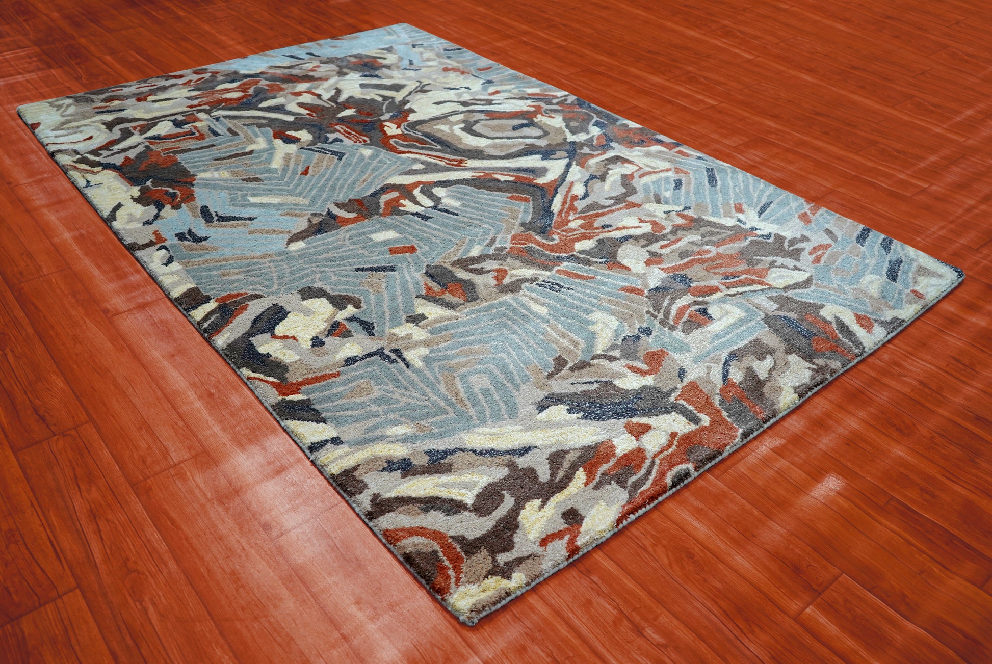 Blue Grey Red Abstract Floral Hand Tufted Wool Area Rug - Cut Pile Contemporary Custom Sizes
