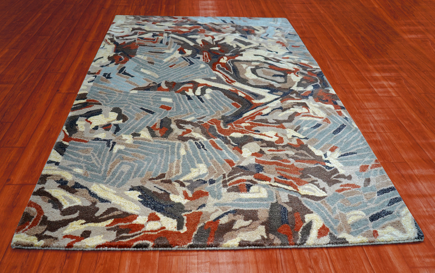 Blue Grey Red Abstract Floral Hand Tufted Wool Area Rug - Cut Pile Contemporary Custom Sizes
