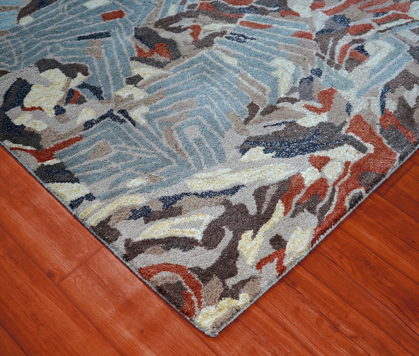 Blue Grey Red Abstract Floral Hand Tufted Wool Area Rug - Cut Pile Contemporary Custom Sizes