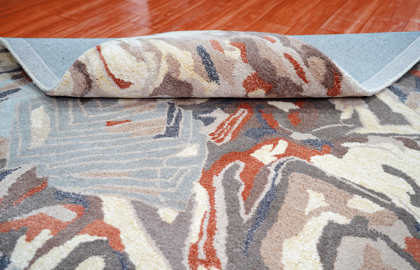 Blue Grey Red Abstract Floral Hand Tufted Wool Area Rug - Cut Pile Contemporary Custom Sizes