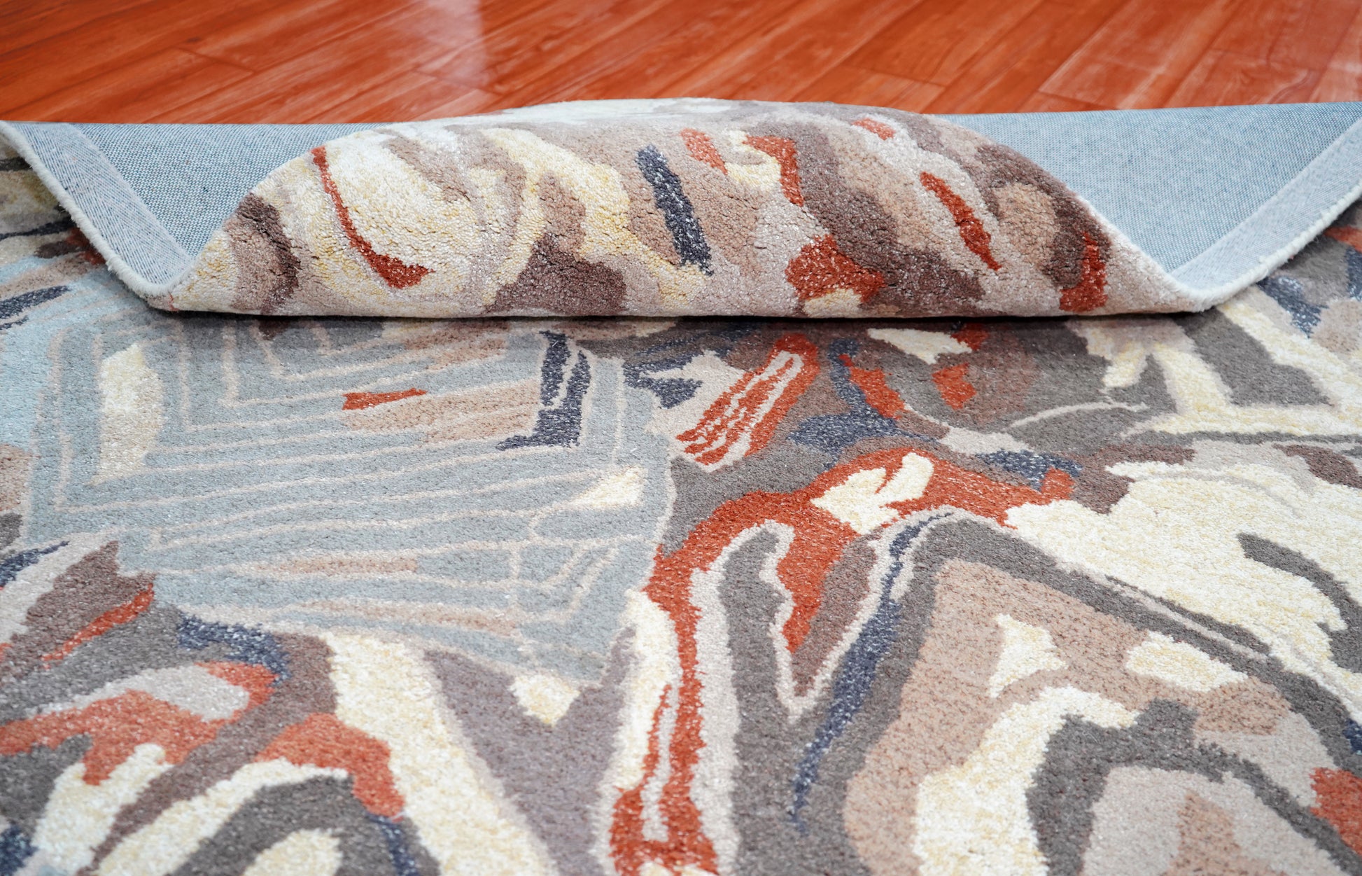 Blue Grey Red Abstract Floral Hand Tufted Wool Area Rug - Cut Pile Contemporary Custom Sizes