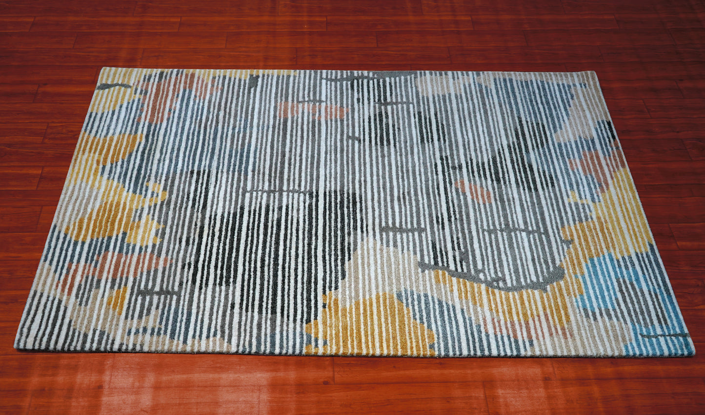Multi-Color Abstract Striped Hand Tufted Wool Area Rug - Blue Yellow Grey Cut Pile Custom Sizes