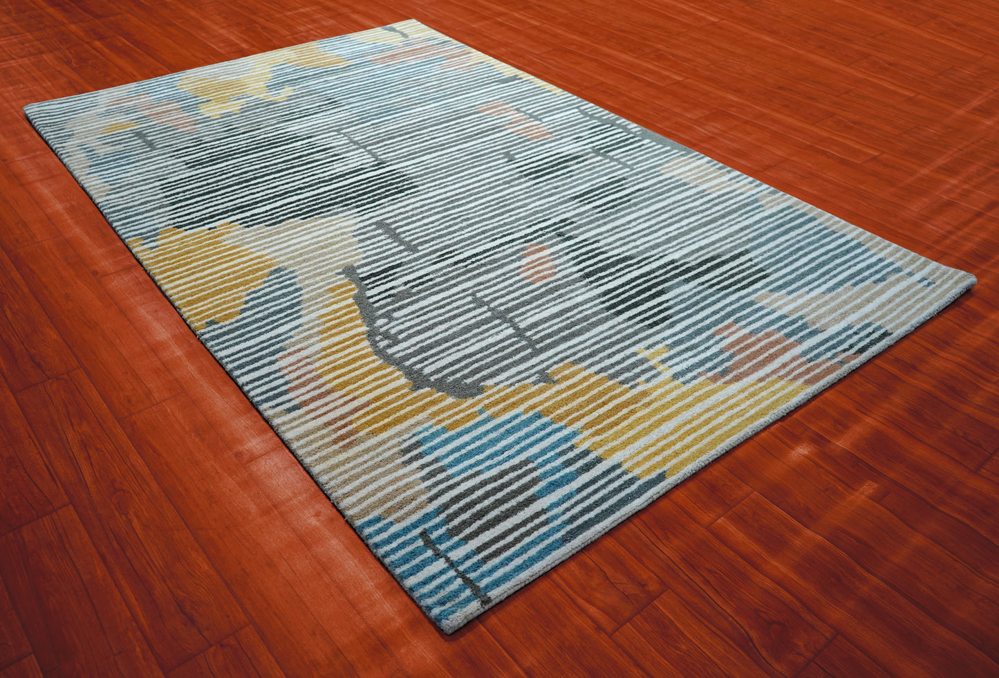 Multi-Color Abstract Striped Hand Tufted Wool Area Rug - Blue Yellow Grey Cut Pile Custom Sizes