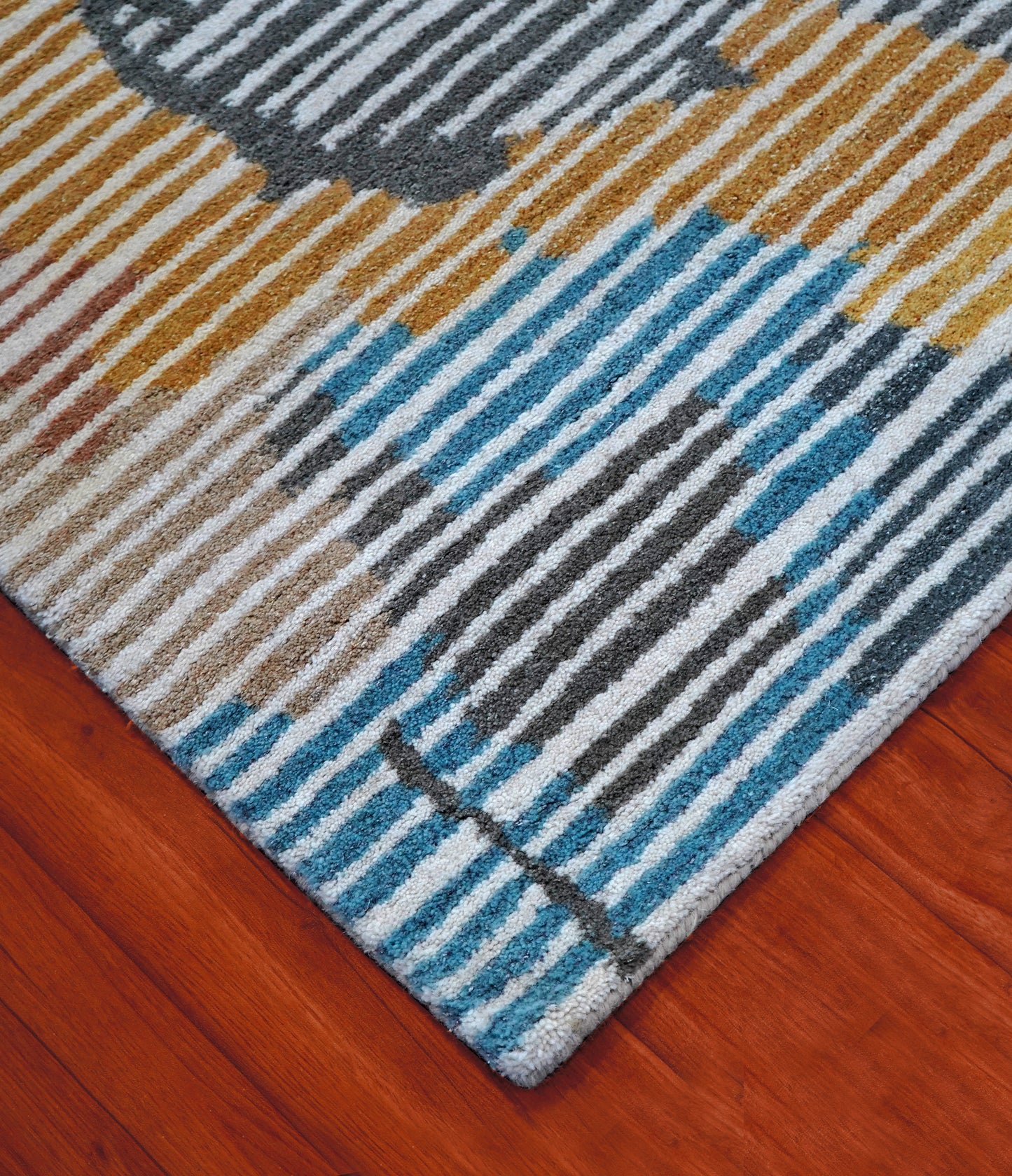 Multi-Color Abstract Striped Hand Tufted Wool Area Rug - Blue Yellow Grey Cut Pile Custom Sizes
