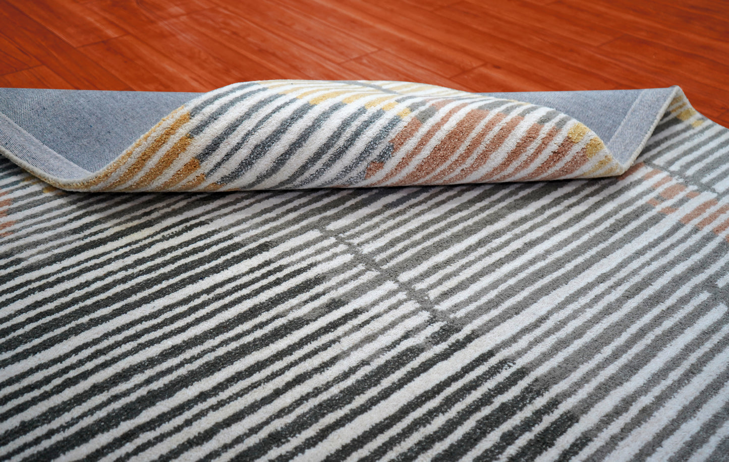 Multi-Color Abstract Striped Hand Tufted Wool Area Rug - Blue Yellow Grey Cut Pile Custom Sizes