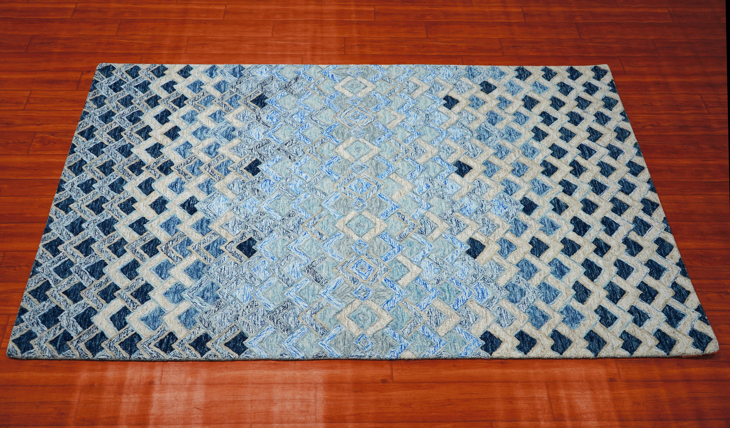 Blue Navy Diamond Trellis Floral Border Hand Tufted Wool Area Rug - Cut Pile Geometric Custom Sizes