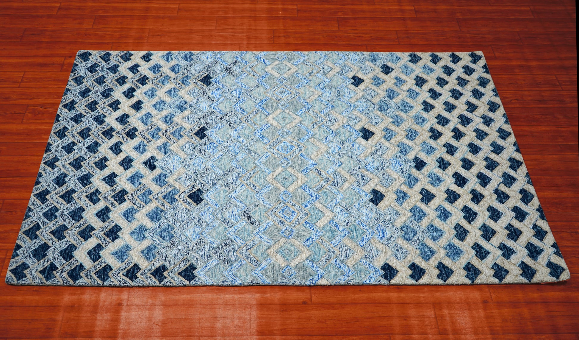 Blue Navy Diamond Trellis Floral Border Hand Tufted Wool Area Rug - Cut Pile Geometric Custom Sizes