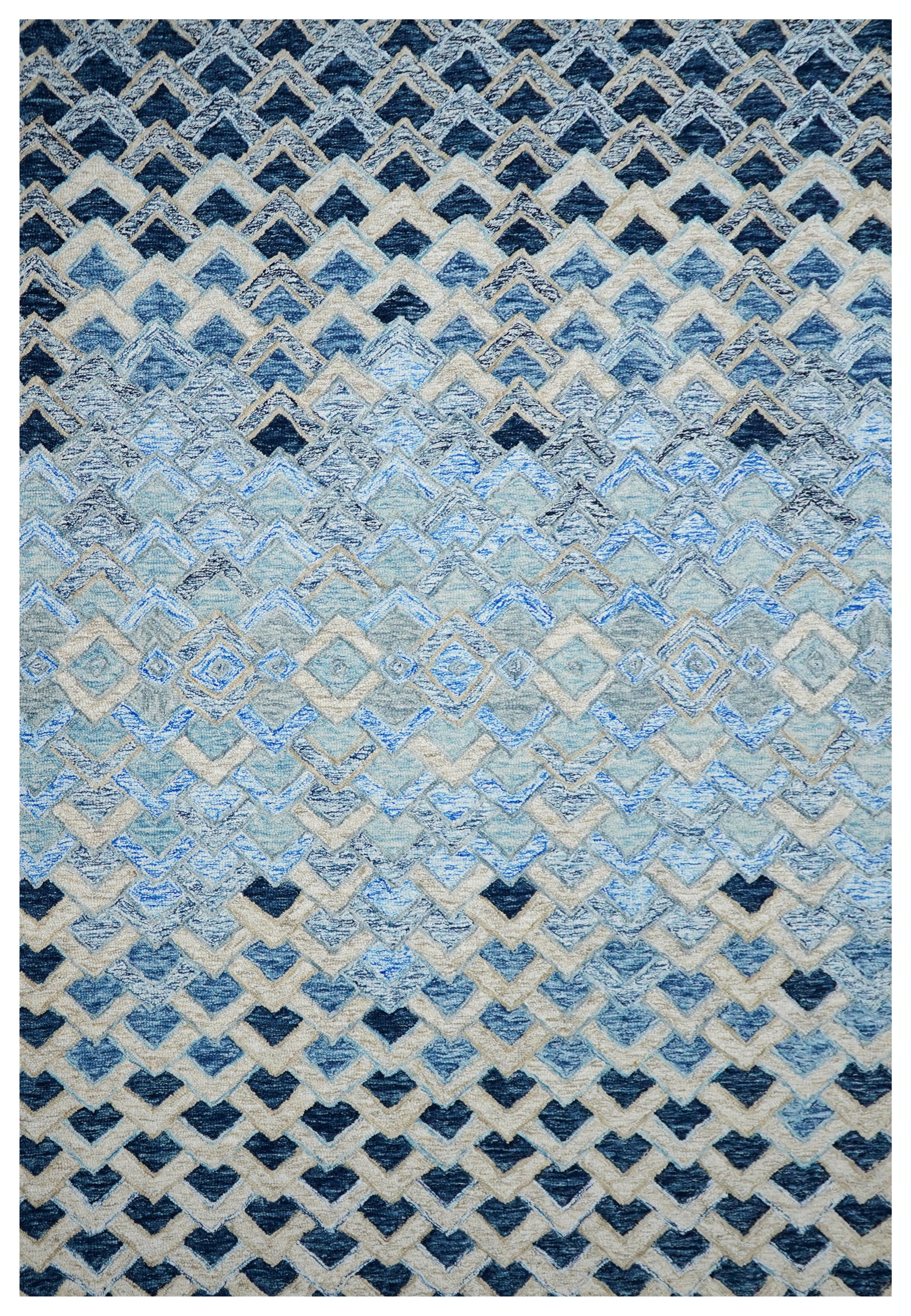 Blue Navy Diamond Trellis Floral Border Hand Tufted Wool Area Rug - Cut Pile Geometric Custom Sizes