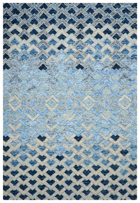 Blue Navy Diamond Trellis Floral Border Hand Tufted Wool Area Rug - Cut Pile Geometric Custom Sizes