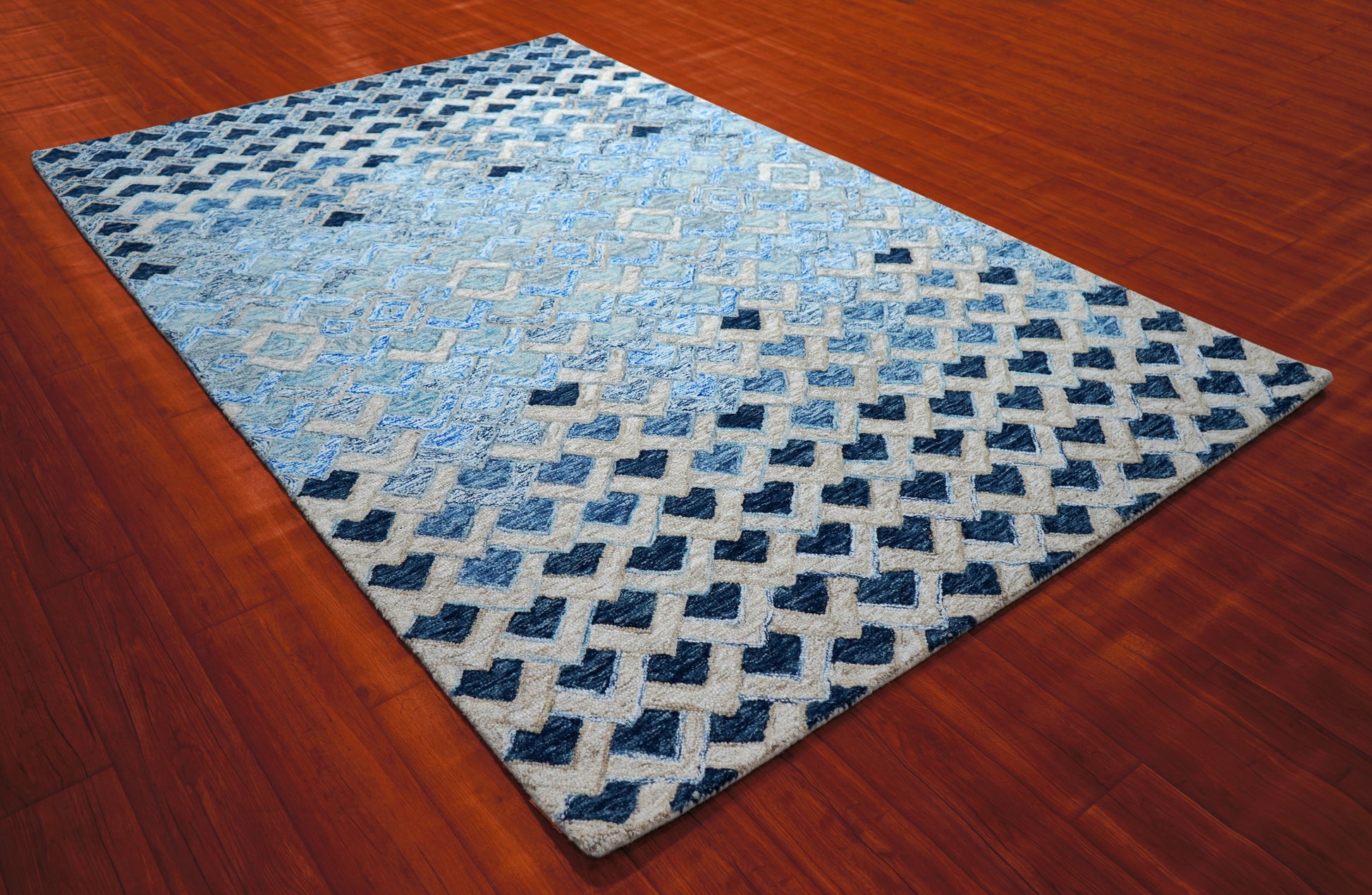 Blue Navy Diamond Trellis Floral Border Hand Tufted Wool Area Rug - Cut Pile Geometric Custom Sizes