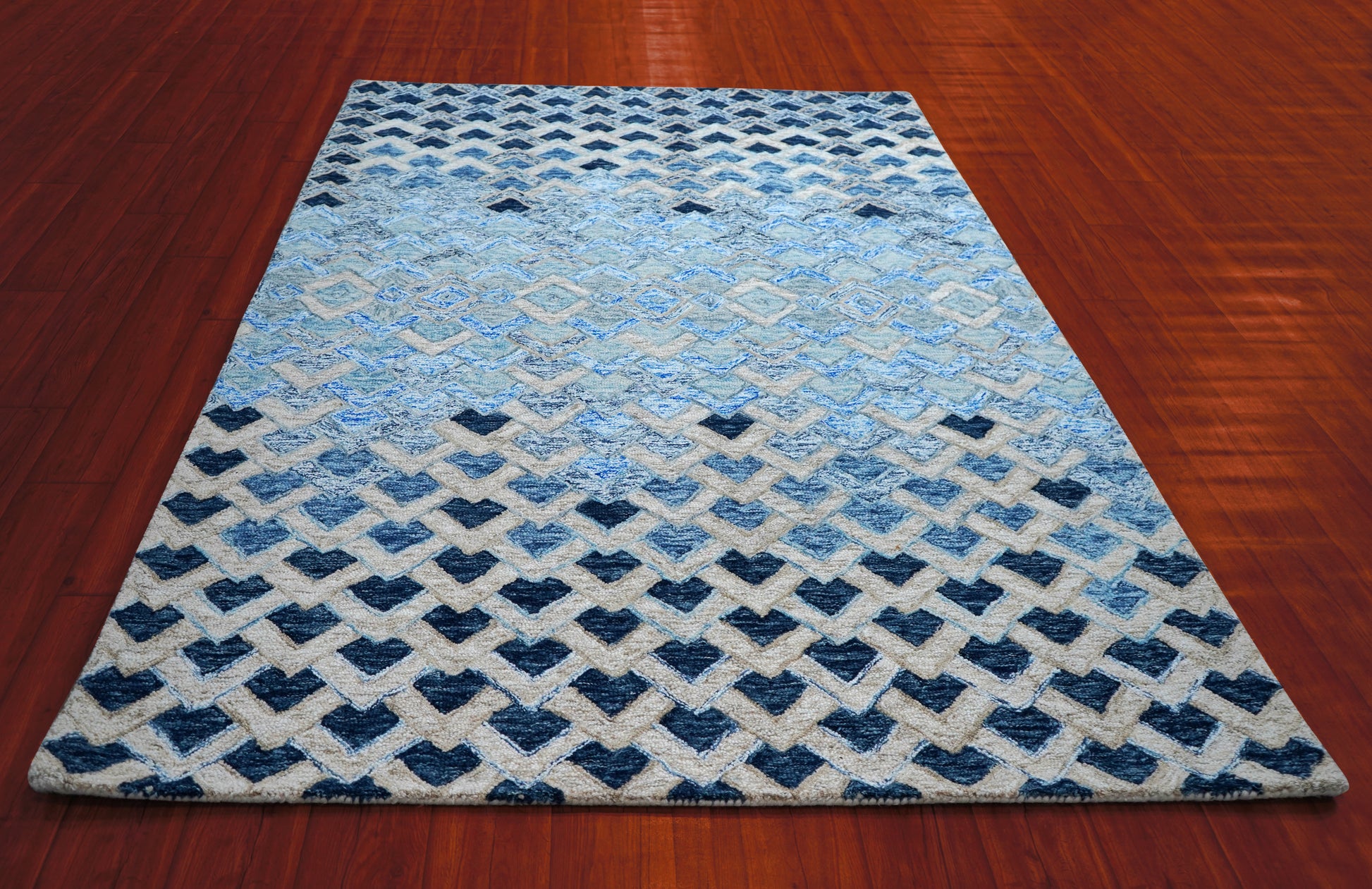 Blue Navy Diamond Trellis Floral Border Hand Tufted Wool Area Rug - Cut Pile Geometric Custom Sizes