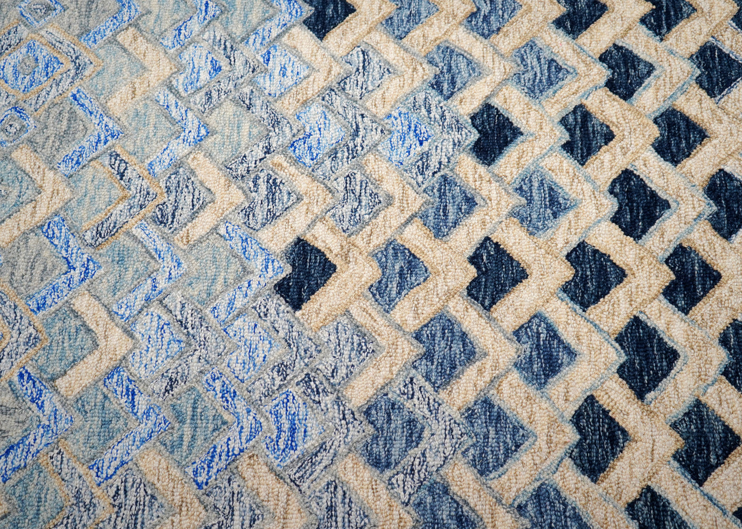 Blue Navy Diamond Trellis Floral Border Hand Tufted Wool Area Rug - Cut Pile Geometric Custom Sizes