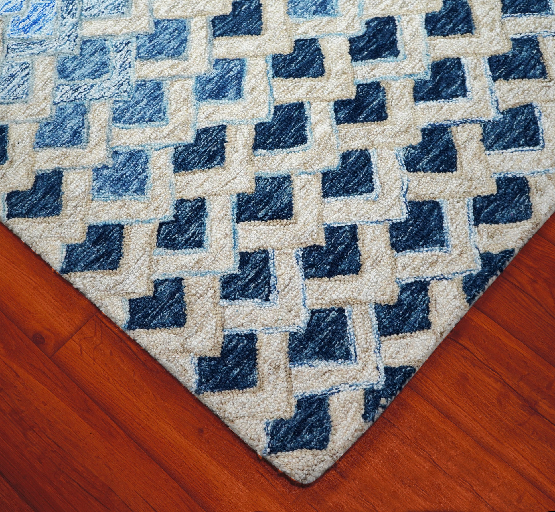 Blue Navy Diamond Trellis Floral Border Hand Tufted Wool Area Rug - Cut Pile Geometric Custom Sizes