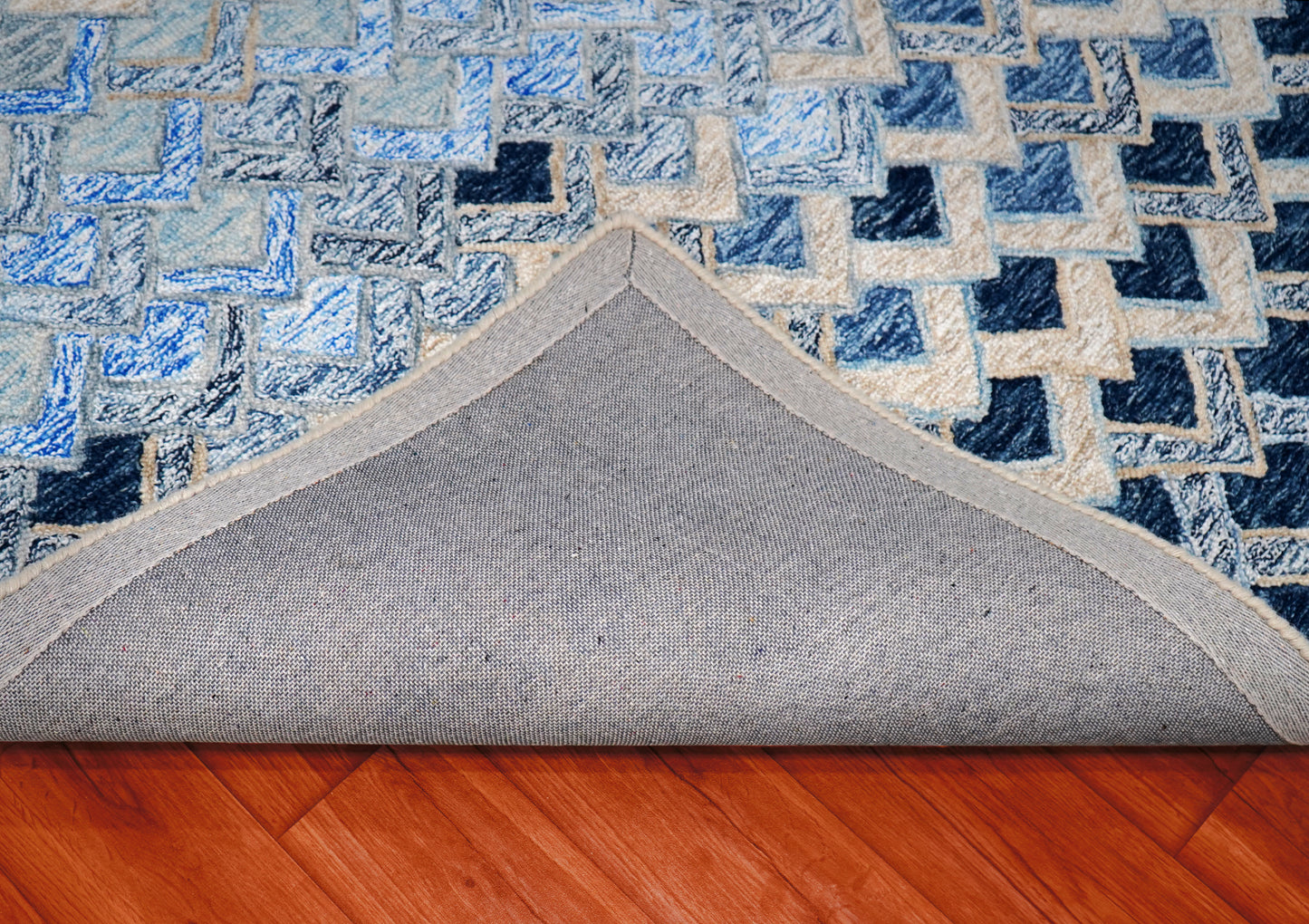 Blue Navy Diamond Trellis Floral Border Hand Tufted Wool Area Rug - Cut Pile Geometric Custom Sizes