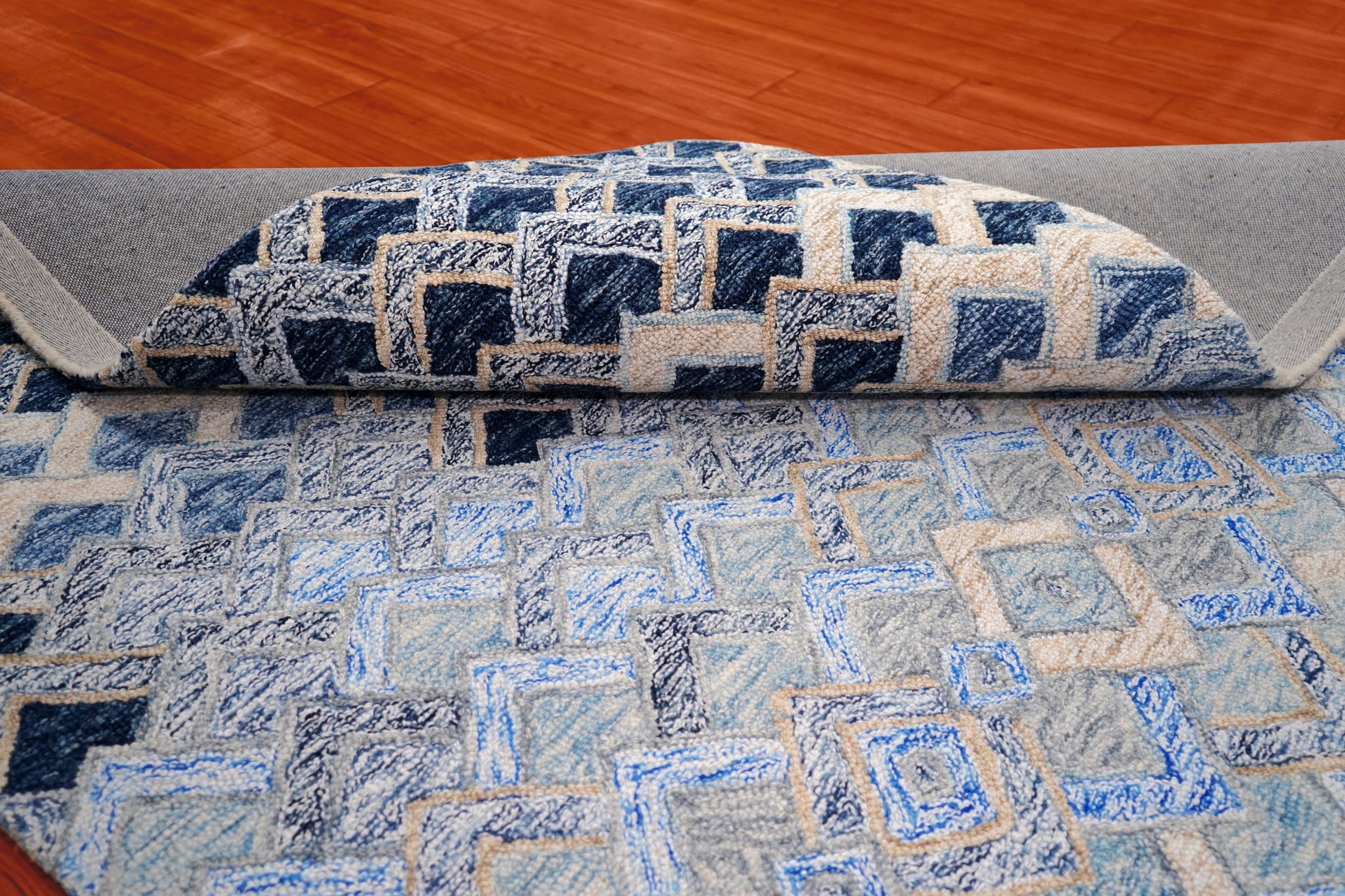 Blue Navy Diamond Trellis Floral Border Hand Tufted Wool Area Rug - Cut Pile Geometric Custom Sizes