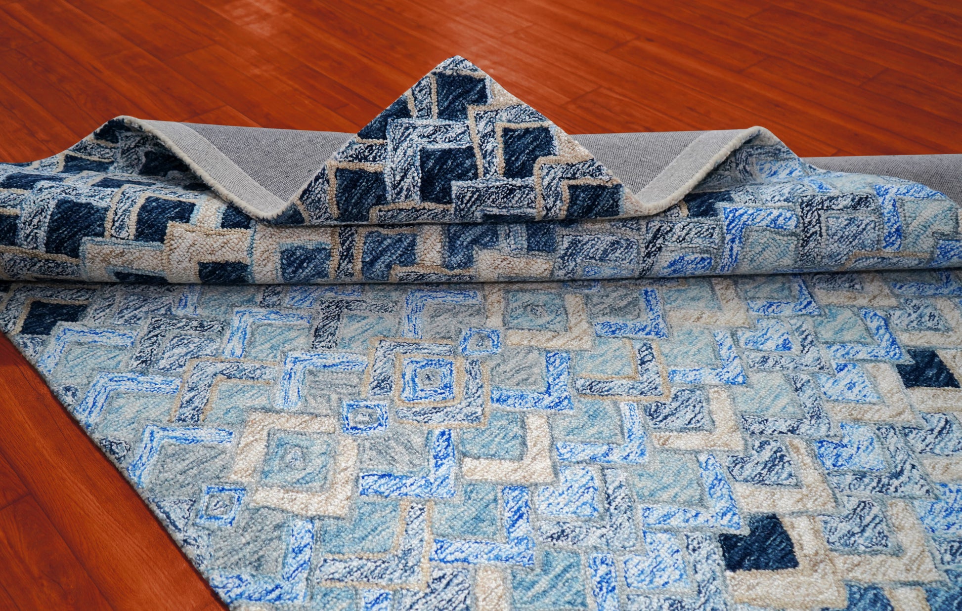 Blue Navy Diamond Trellis Floral Border Hand Tufted Wool Area Rug - Cut Pile Geometric Custom Sizes