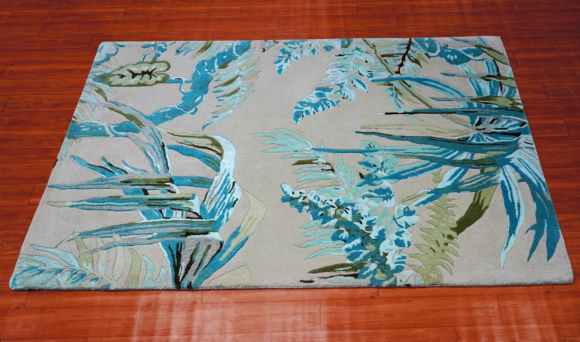 Turquoise Green Abstract Tropical Leaves Hand Tufted Wool Area Rug - Cut Pile Botanical Custom Sizes