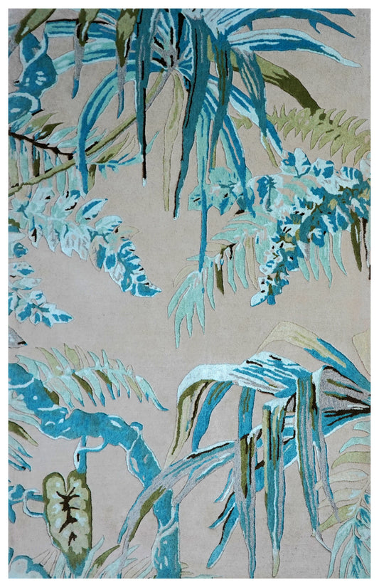 Turquoise Green Abstract Tropical Leaves Hand Tufted Wool Area Rug - Cut Pile Botanical Custom Sizes