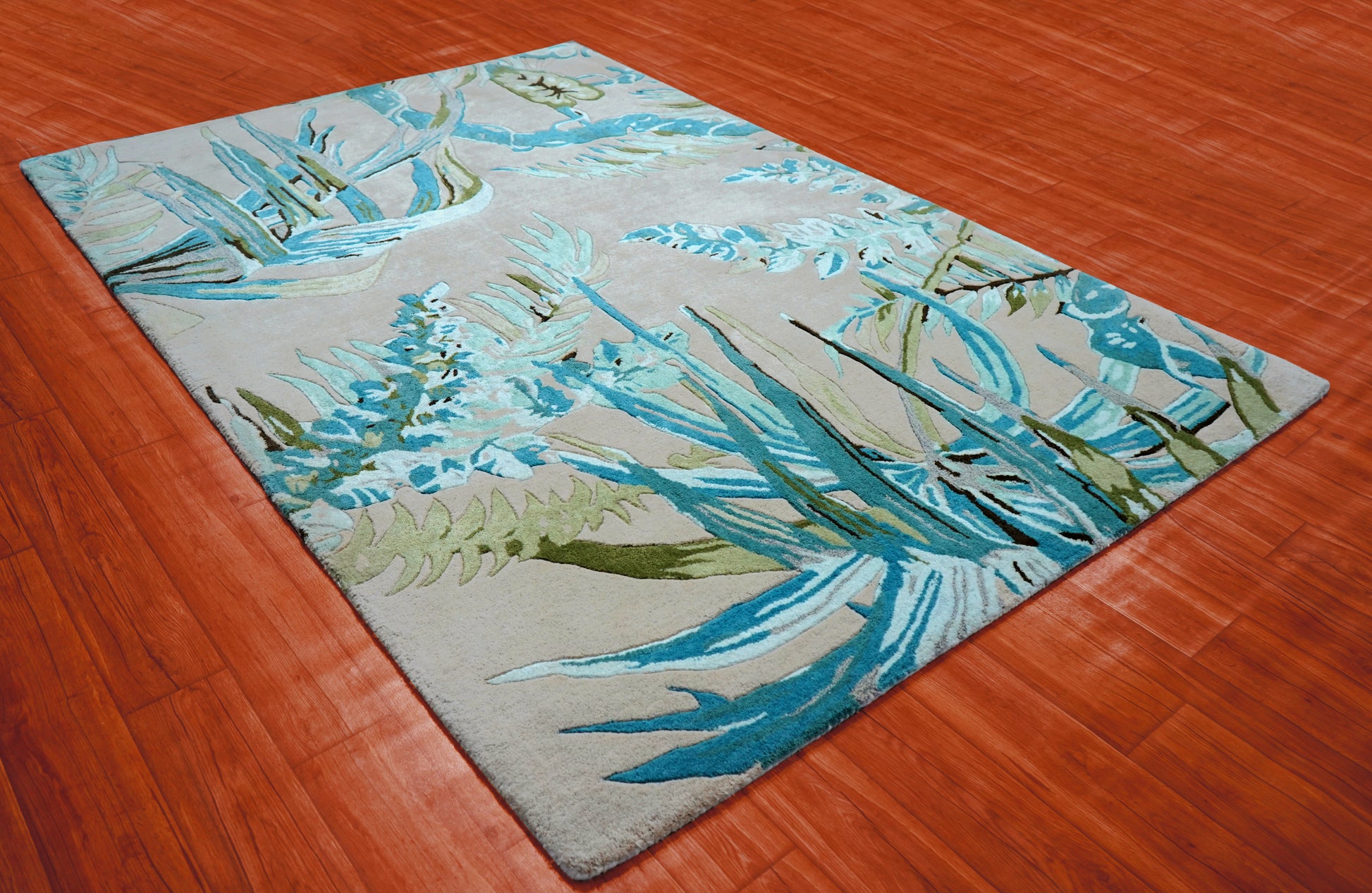Turquoise Green Abstract Tropical Leaves Hand Tufted Wool Area Rug - Cut Pile Botanical Custom Sizes