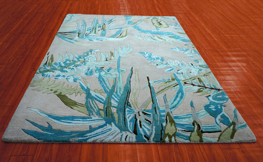 Turquoise Green Abstract Tropical Leaves Hand Tufted Wool Area Rug - Cut Pile Botanical Custom Sizes