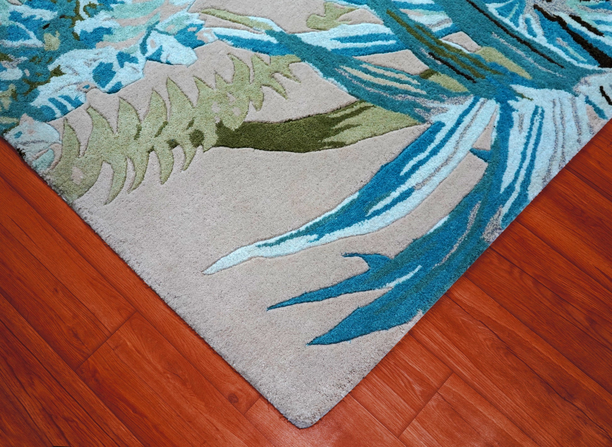 Turquoise Green Abstract Tropical Leaves Hand Tufted Wool Area Rug - Cut Pile Botanical Custom Sizes