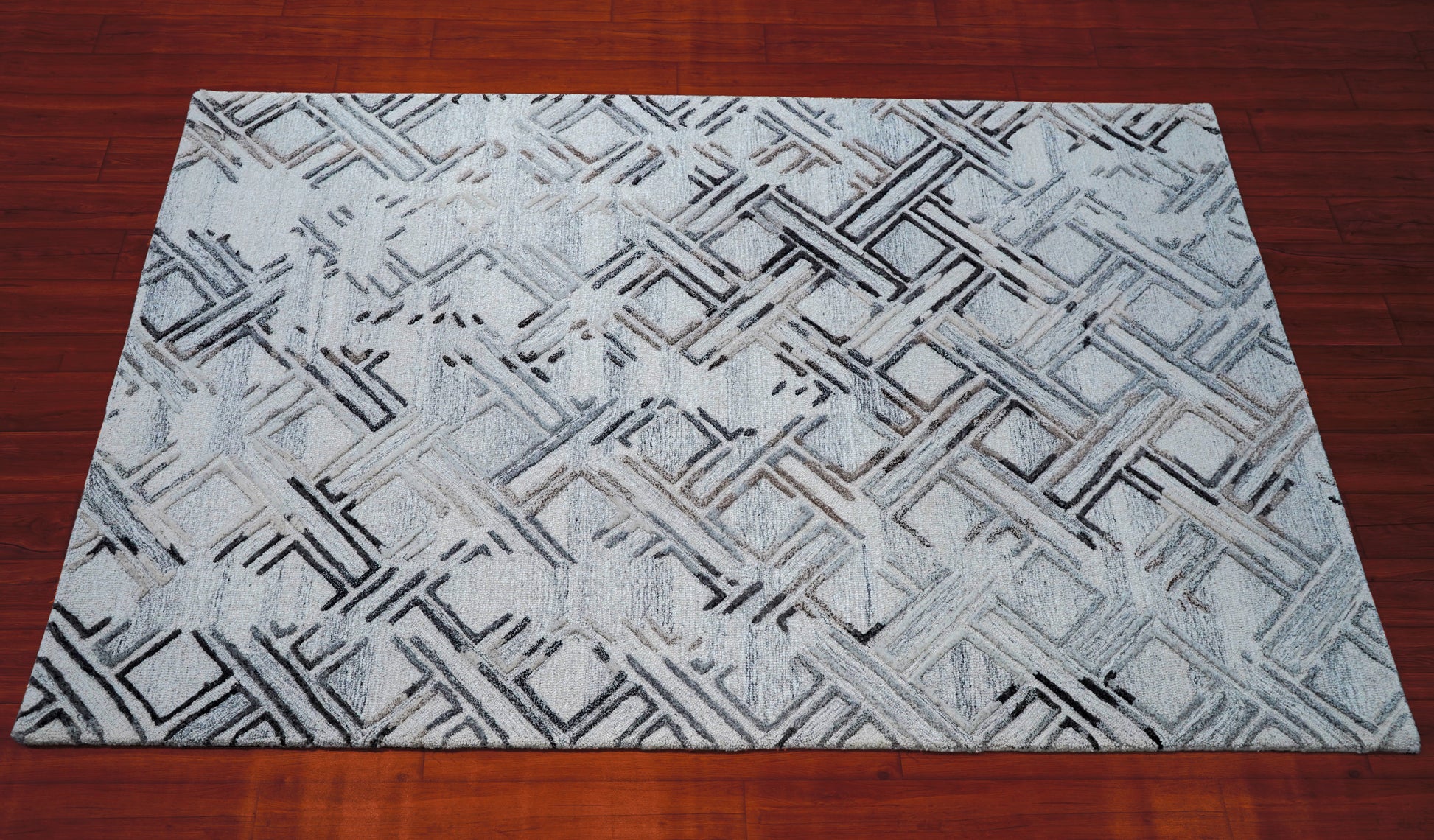 Grey Ivory Abstract Geometric Crosshatch Hand Tufted Wool Viscose Area Rug - Cut Pile Contemporary Custom Sizes