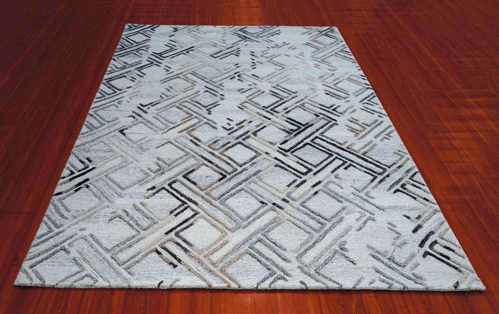 Grey Ivory Abstract Geometric Crosshatch Hand Tufted Wool Viscose Area Rug - Cut Pile Contemporary Custom Sizes