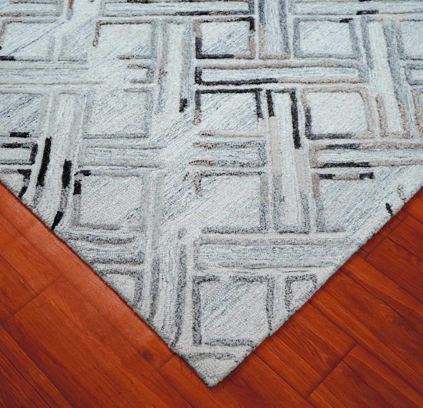 Grey Ivory Abstract Geometric Crosshatch Hand Tufted Wool Viscose Area Rug - Cut Pile Contemporary Custom Sizes