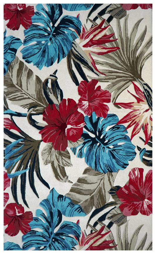 Tropical Palm Leaves Floral Hand Tufted Wool Area Rug - Blue Pink Beige Cut Pile Custom Sizes