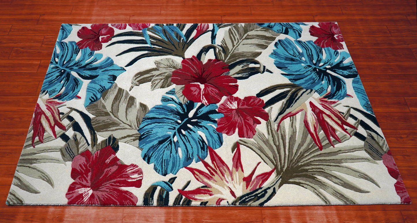 Tropical Palm Leaves Floral Hand Tufted Wool Area Rug - Blue Pink Beige Cut Pile Custom Sizes