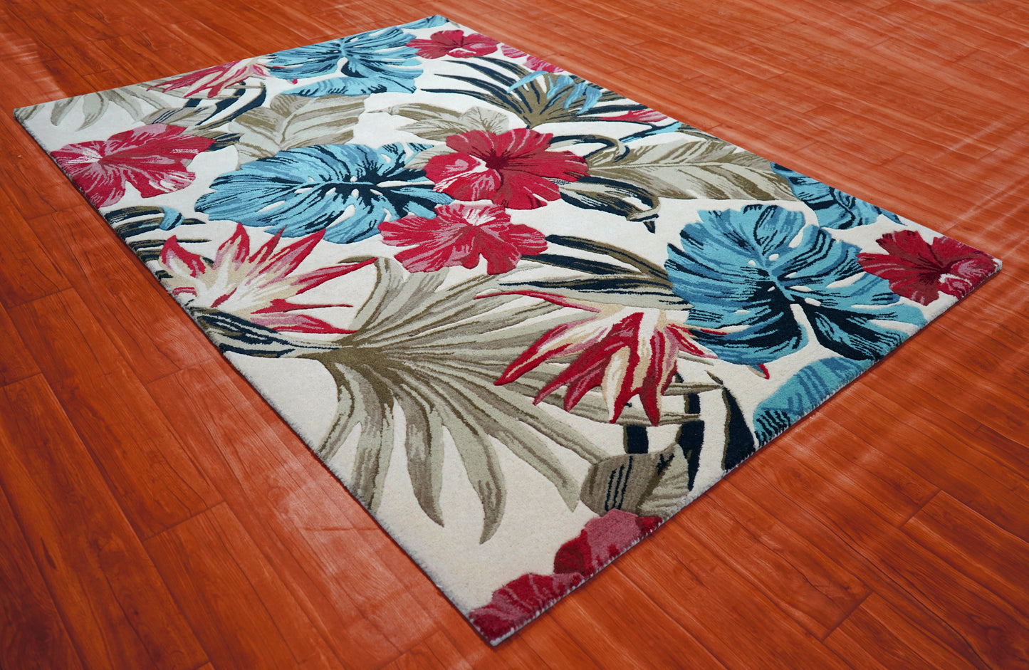 Tropical Palm Leaves Floral Hand Tufted Wool Area Rug - Blue Pink Beige Cut Pile Custom Sizes