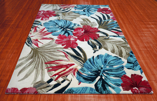 Tropical Palm Leaves Floral Hand Tufted Wool Area Rug - Blue Pink Beige Cut Pile Custom Sizes