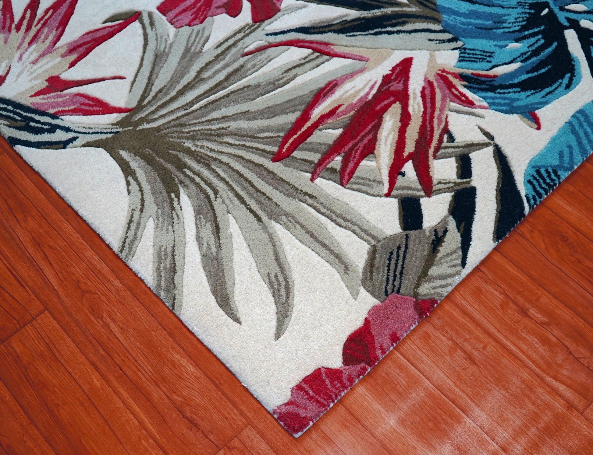 Tropical Palm Leaves Floral Hand Tufted Wool Area Rug - Blue Pink Beige Cut Pile Custom Sizes